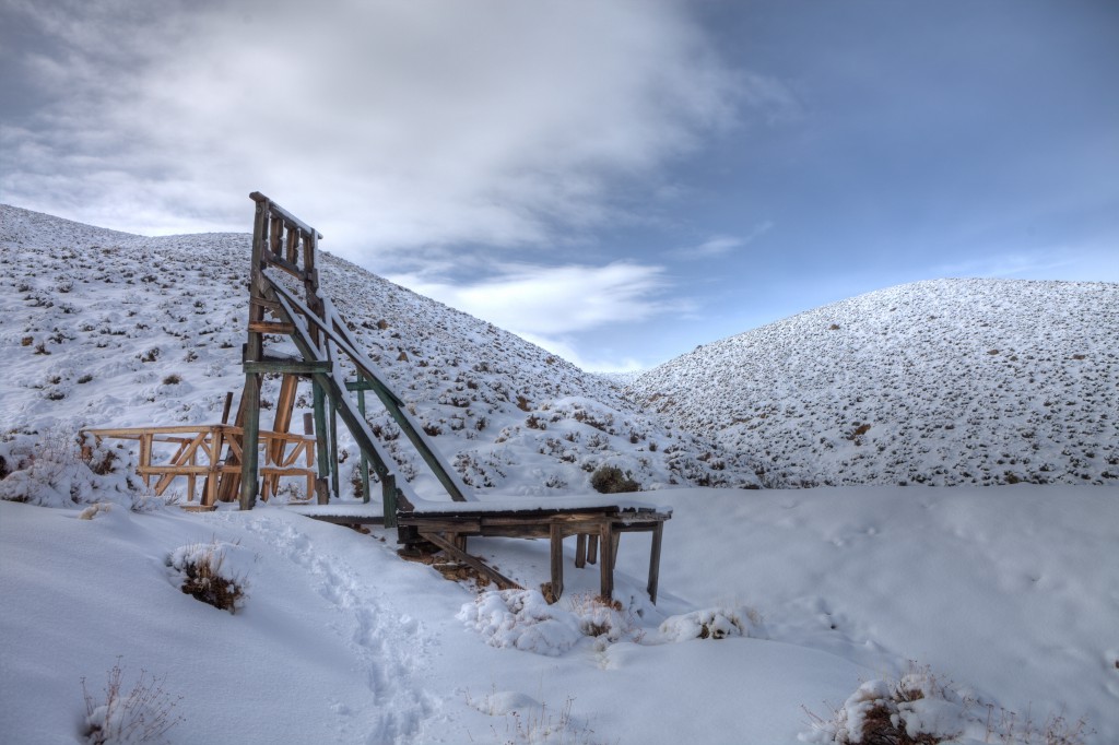 Snowy Mine Headframe on Skidoo Road in Death Valley